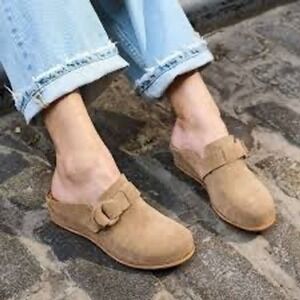 Kork-Ease Tan Brown Suede Buckle Kori Clogs Mules Women Slip On Wedge Shoes